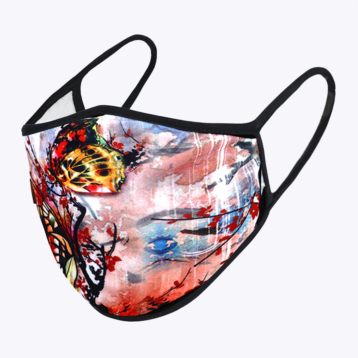 A colorful tie dye butterfly face mask with a 3-layered design, featuring a polyester exterior and cotton interior, suitable for unisex wear.