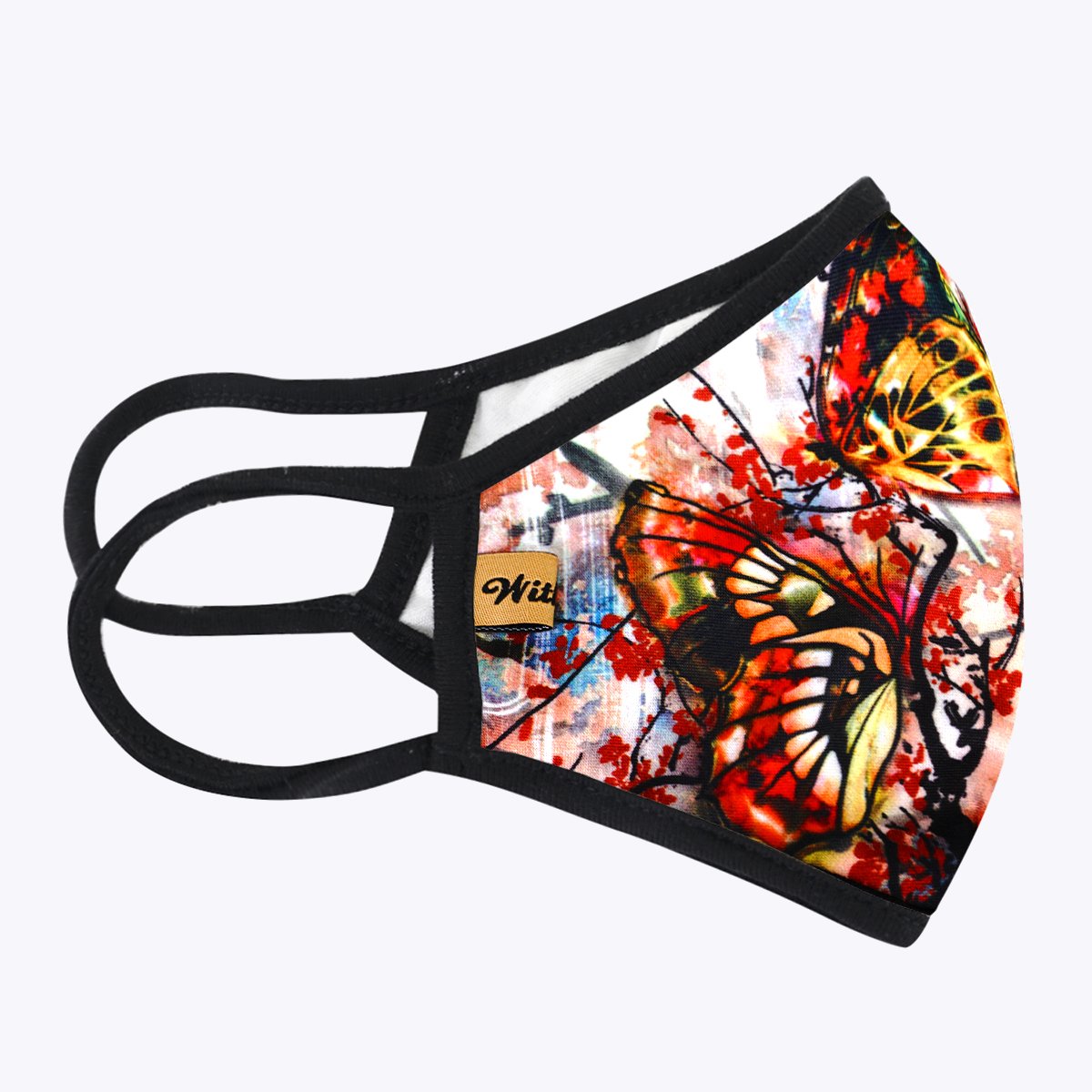 A colorful tie dye butterfly face mask with a 3-layered design, featuring a polyester exterior and cotton interior, suitable for unisex wear.