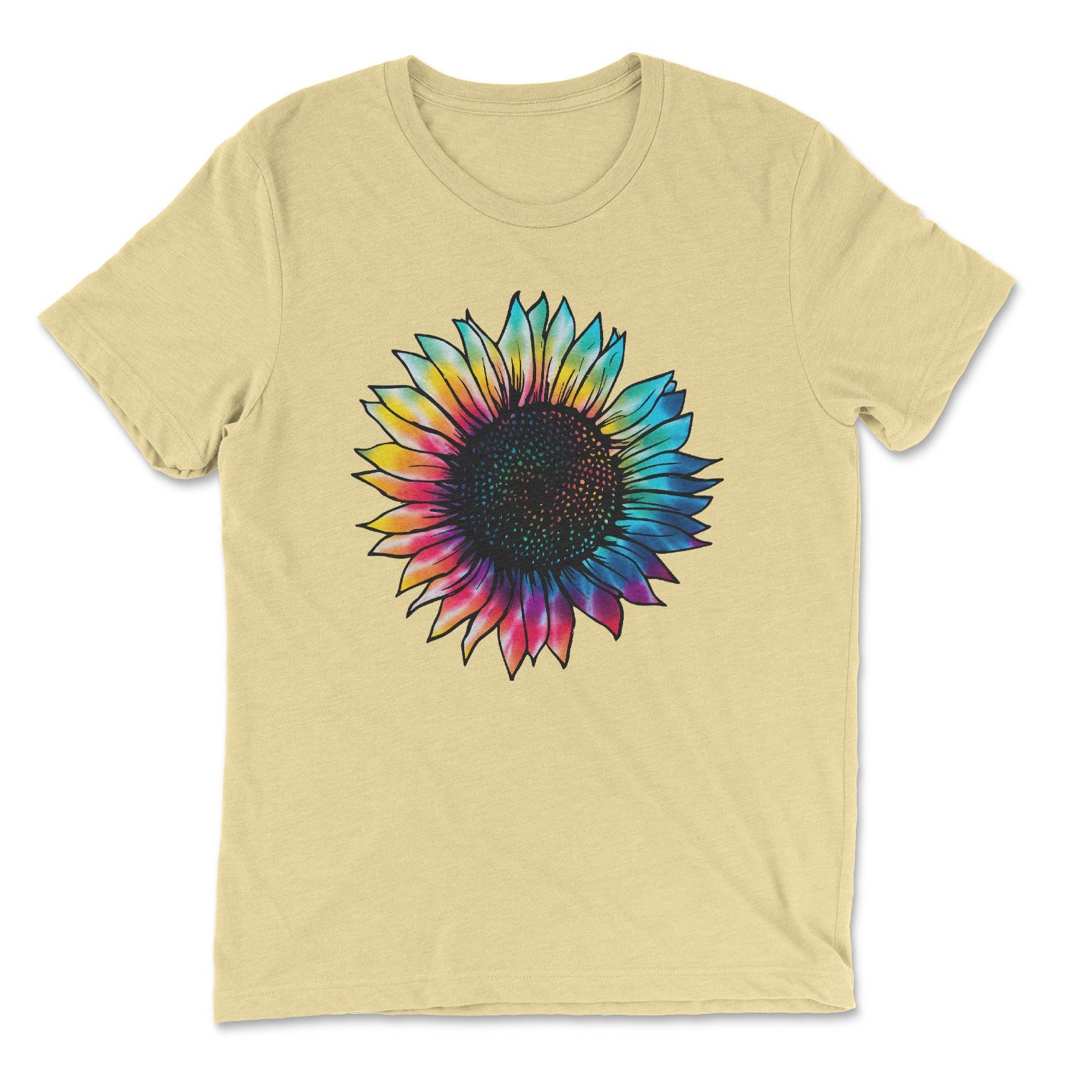 A colorful tie dye t-shirt featuring a sunflower graphic, showcasing vibrant colors and a unisex fit.