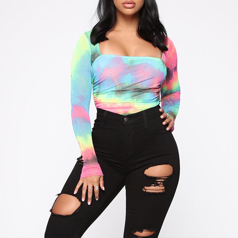 A stylish tie-dyed square collar bodysuit for women, featuring a vibrant pattern and a chic design, perfect for streetwear and clubbing.