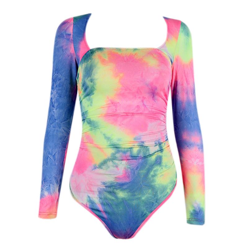 A stylish tie-dyed square collar bodysuit for women, featuring a vibrant pattern and a chic design, perfect for streetwear and clubbing.