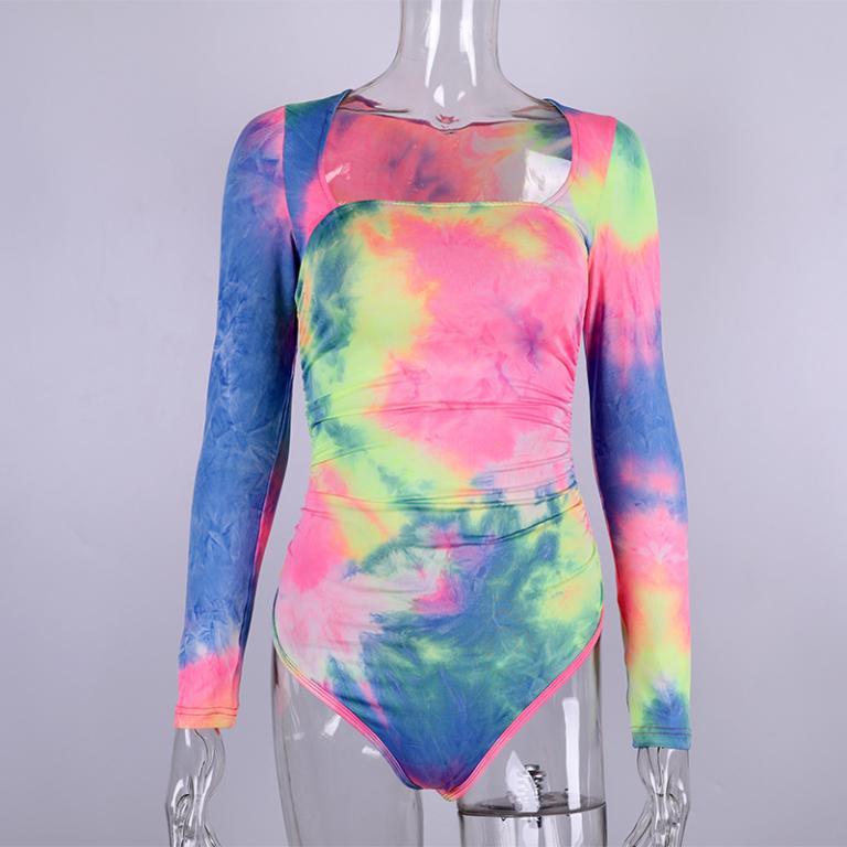 A stylish tie-dyed square collar bodysuit for women, featuring a vibrant pattern and a chic design, perfect for streetwear and clubbing.