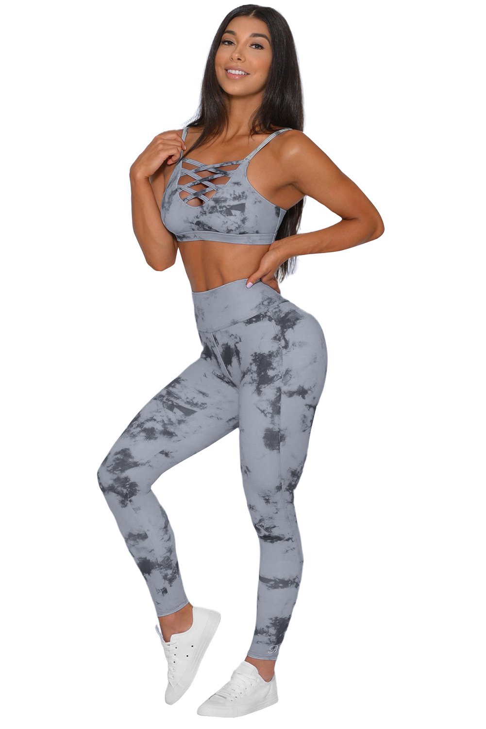 Tie-dye Crisscross Sport Bra and Leggings Set featuring a stylish crisscross design and spaghetti straps, perfect for workouts.