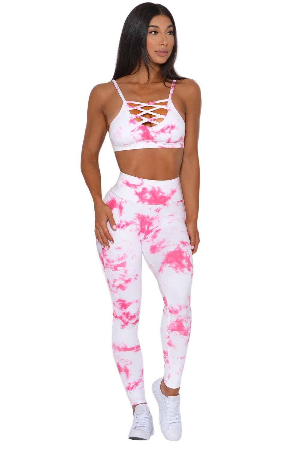 Tie-dye Crisscross Sport Bra and Leggings Set featuring a stylish crisscross design and spaghetti straps, perfect for workouts.