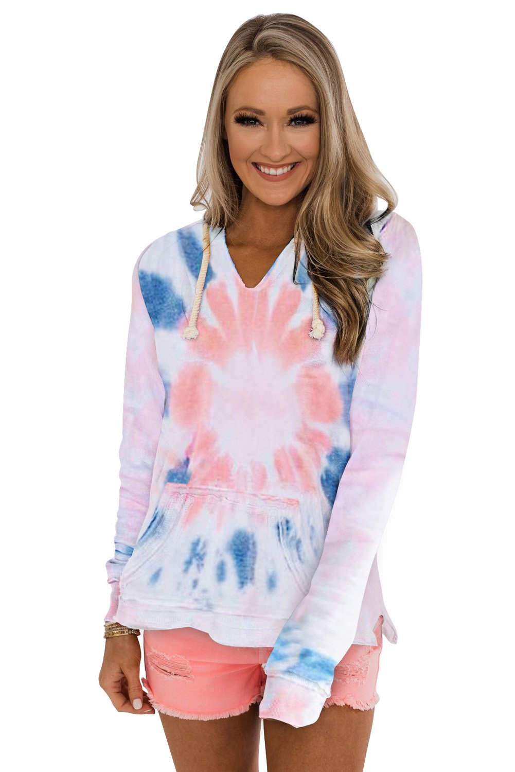 A stylish tie-dye pattern pullover hoodie with adjustable drawstring hood, showcasing vibrant colors and a comfortable fit.