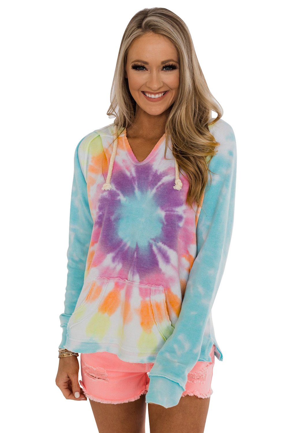 A stylish tie-dye pattern pullover hoodie with adjustable drawstring hood, showcasing vibrant colors and a comfortable fit.