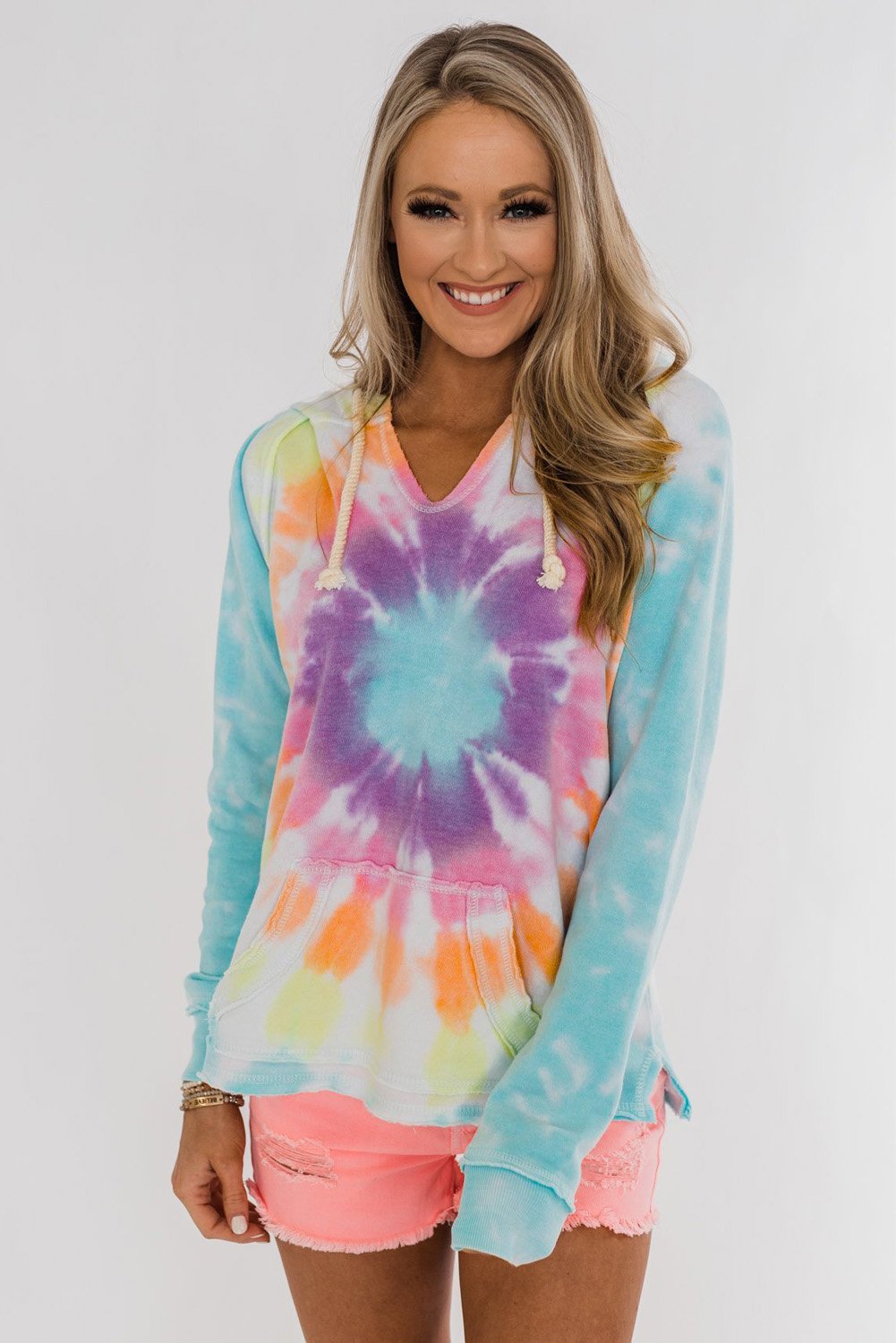 A stylish tie-dye pattern pullover hoodie with adjustable drawstring hood, showcasing vibrant colors and a comfortable fit.