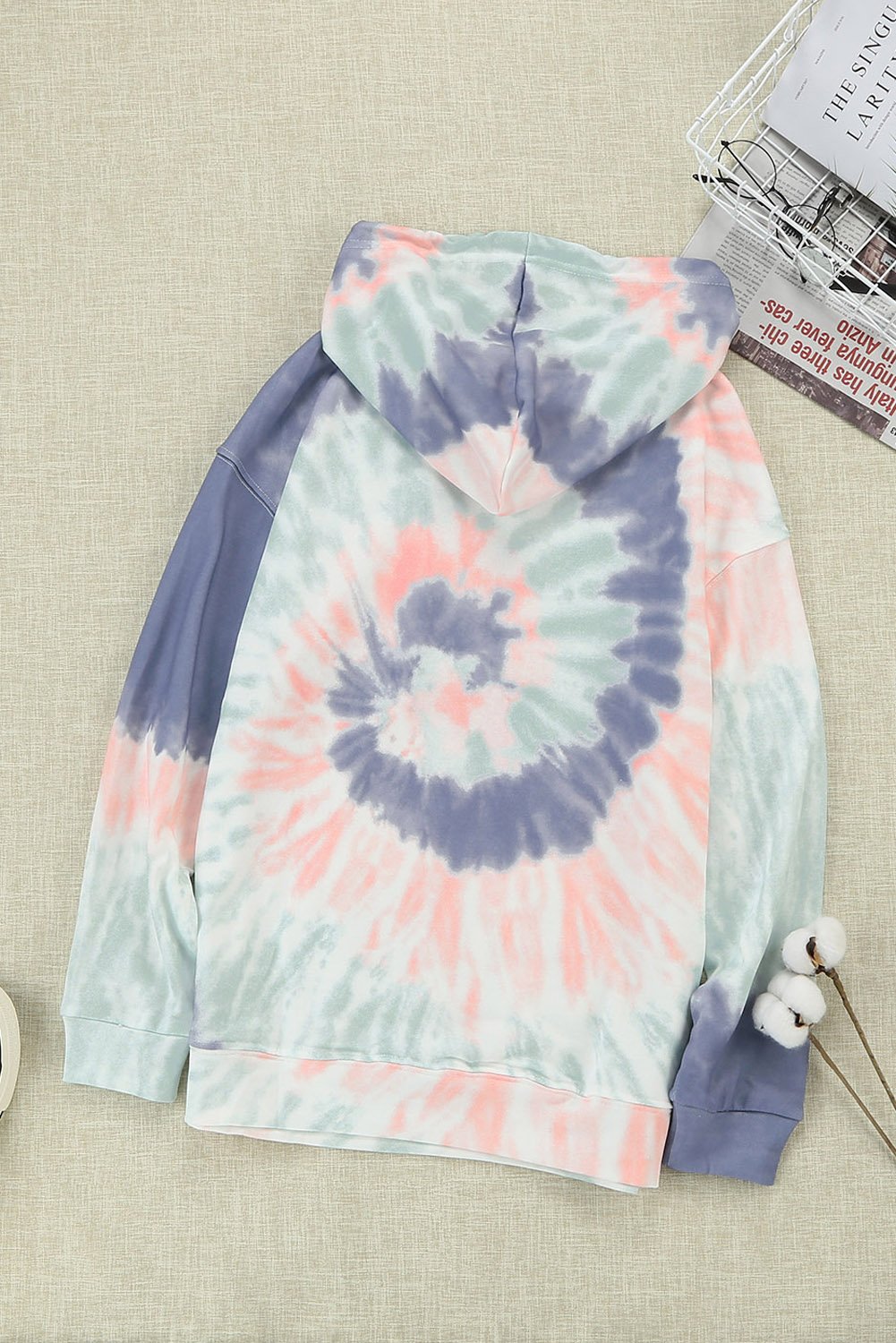 A stylish tie-dye print pullover hoodie featuring vibrant colors and a comfortable fit, perfect for casual wear.