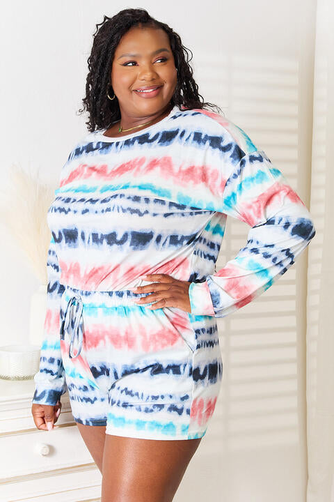 A stylish Tie-Dyed Dropped Shoulder Lounge Set featuring a trendy tie-dye pattern, relaxed fit, and comfortable fabric.