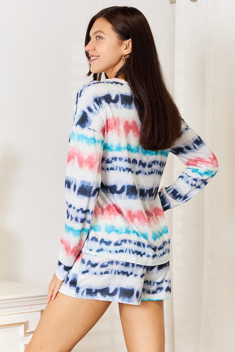 A stylish Tie-Dyed Dropped Shoulder Lounge Set featuring a trendy tie-dye pattern, relaxed fit, and comfortable fabric.