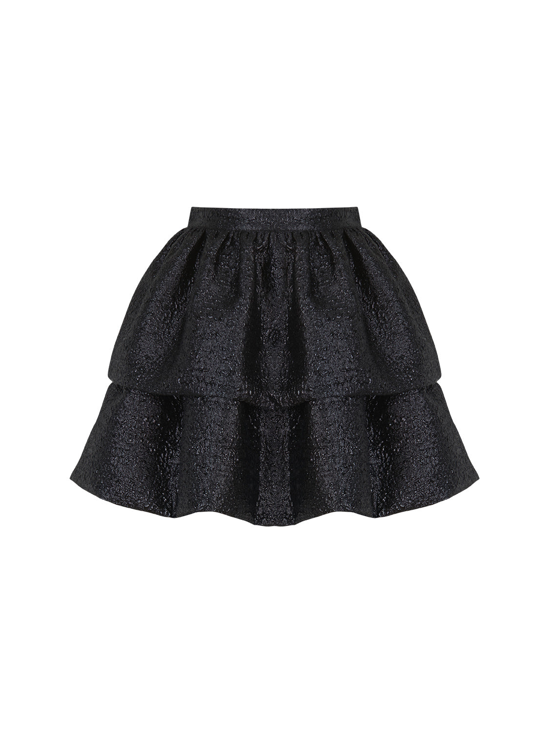 A stylish high-waisted tiered balloon mini skirt with a metallic finish, featuring a back zipper closure, perfect for chic outfits.