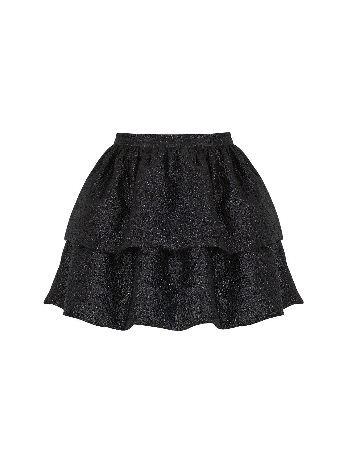 A stylish high-waisted tiered balloon mini skirt with a metallic finish, featuring a back zipper closure, perfect for chic outfits.