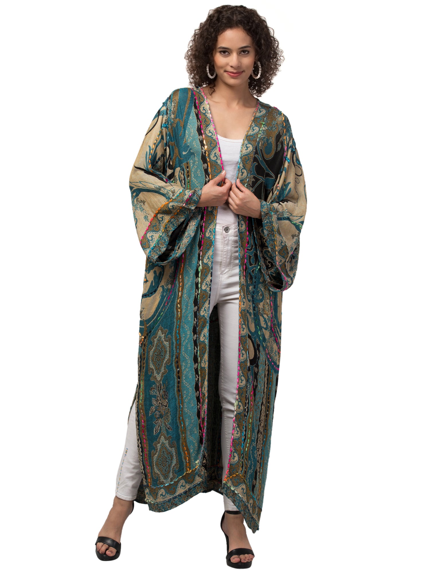 A stunning Tiffany Blue Thick Stitch Kimono Jacket featuring intricate hand embroidery and vibrant colors, perfect for bohemian fashion lovers.