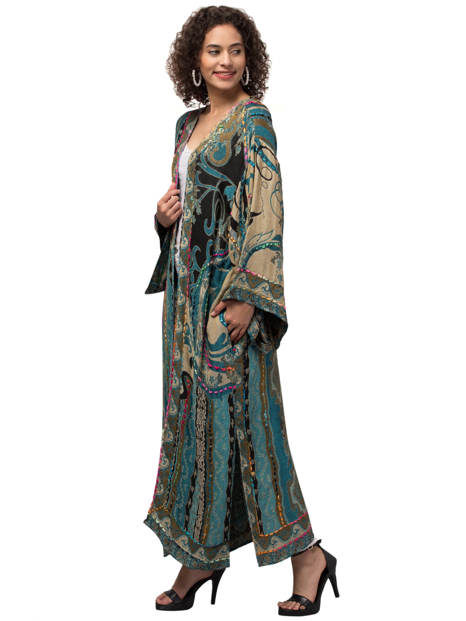 A stunning Tiffany Blue Thick Stitch Kimono Jacket featuring intricate hand embroidery and vibrant colors, perfect for bohemian fashion lovers.