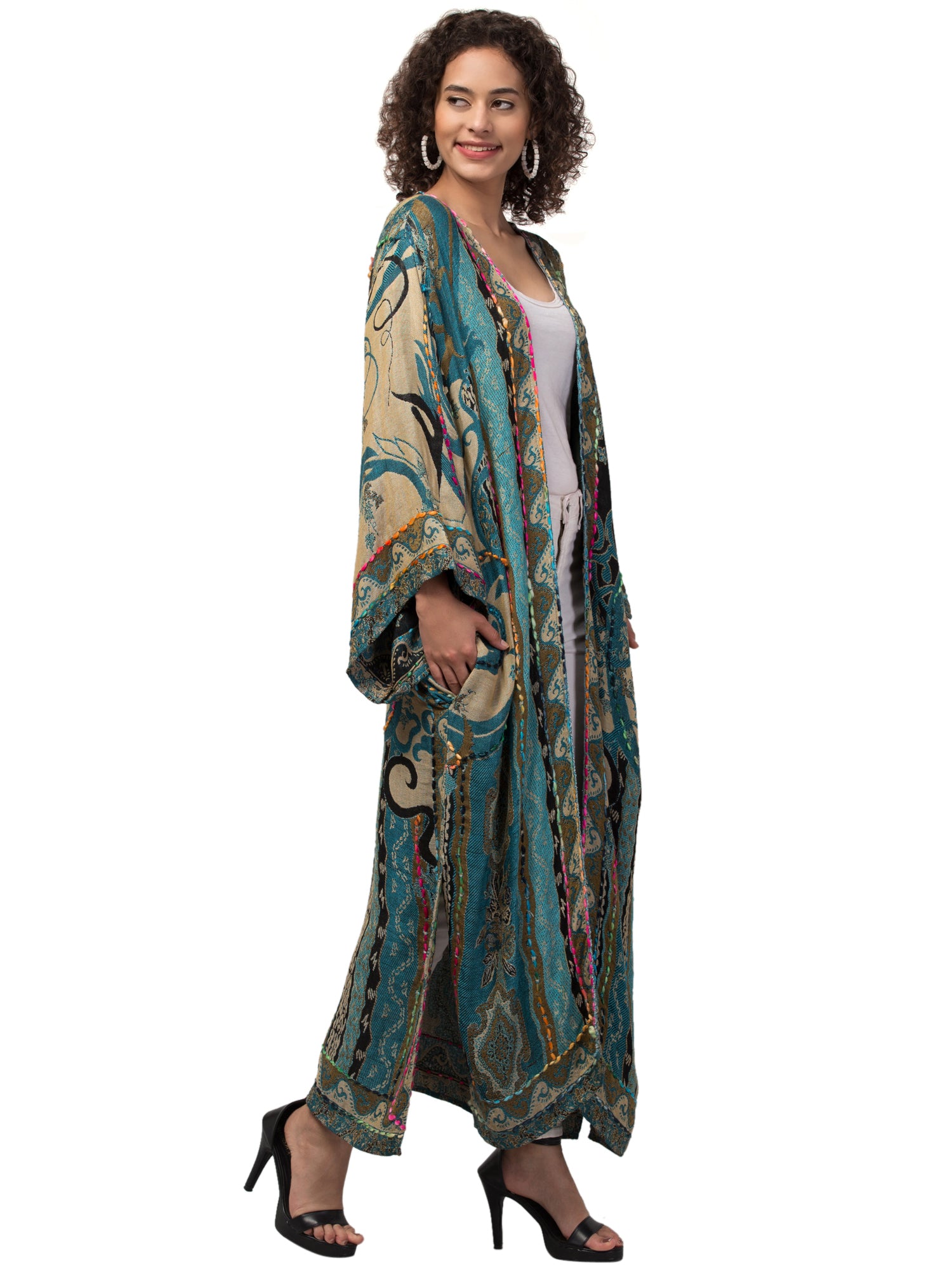 A stunning Tiffany Blue Thick Stitch Kimono Jacket featuring intricate hand embroidery and vibrant colors, perfect for bohemian fashion lovers.