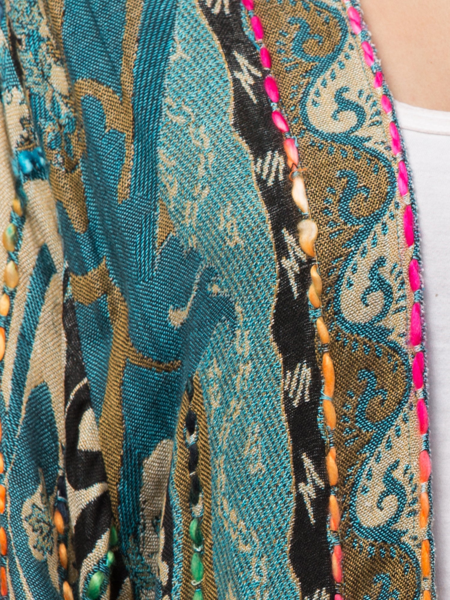 A stunning Tiffany Blue Thick Stitch Kimono Jacket featuring intricate hand embroidery and vibrant colors, perfect for bohemian fashion lovers.