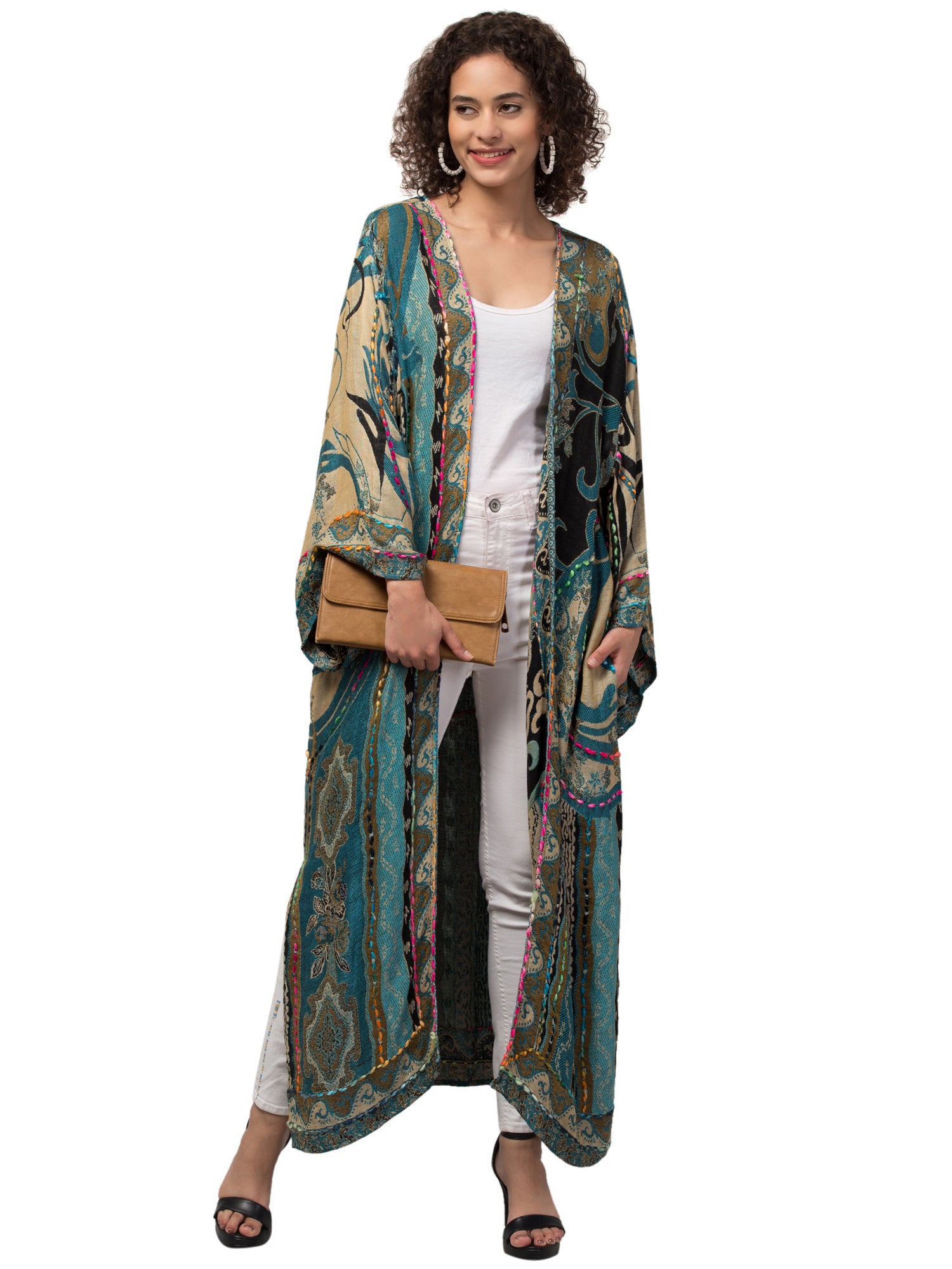 A stunning Tiffany Blue Thick Stitch Kimono Jacket featuring intricate hand embroidery and vibrant colors, perfect for bohemian fashion lovers.