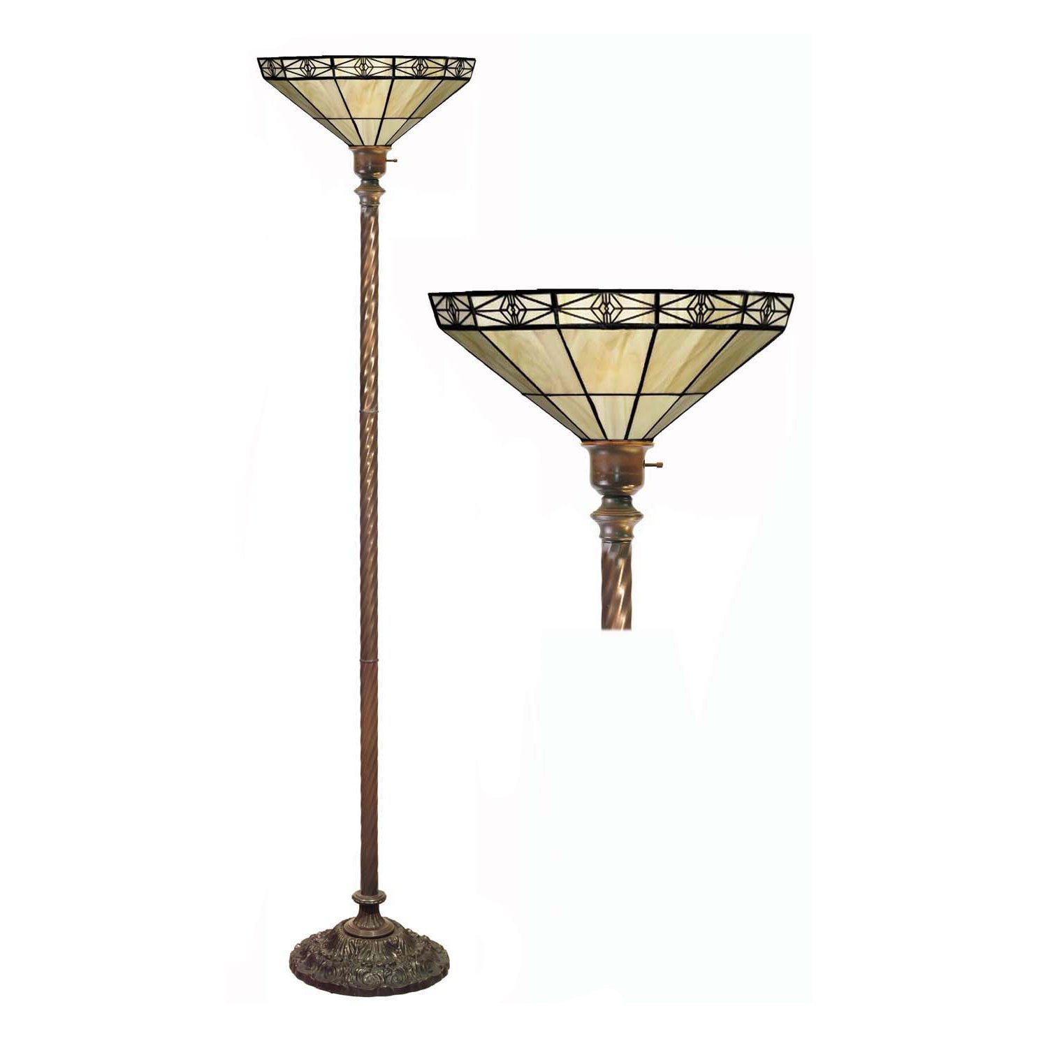 Tiffany-style Mission-style White Torchiere lamp with a white glass shade and dark bronze finish, elegantly illuminating a room.