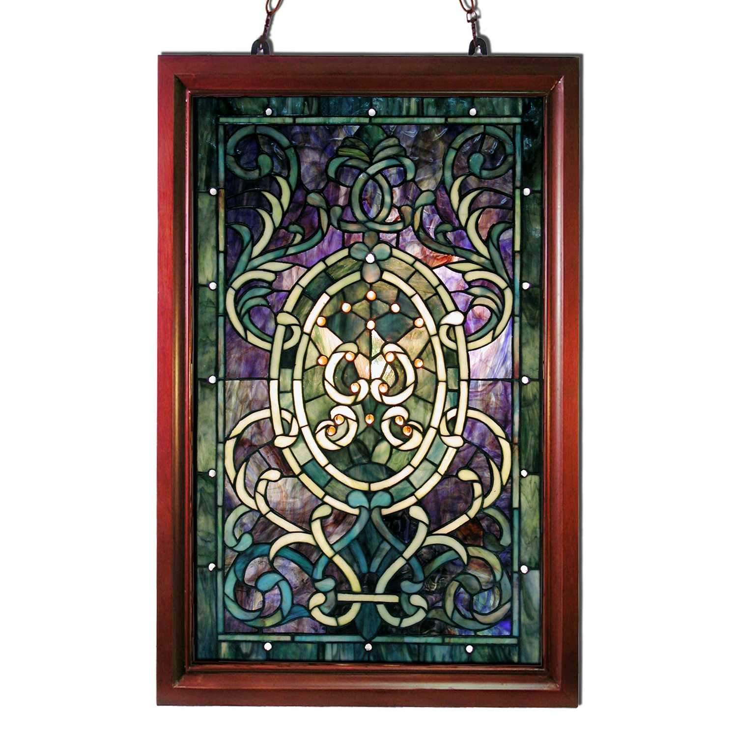 Tiffany-style window panel featuring hand-cut purple stained glass in a wooden frame, showcasing intricate designs.