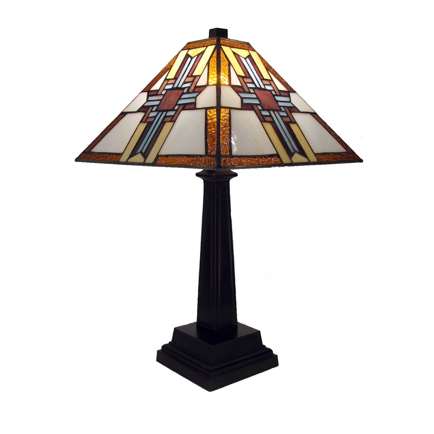 Tiffany-style Warehouse of Tiffany Cross Table Lamp with multicolored stained glass shade and bronze finished base, elegantly illuminating a table.