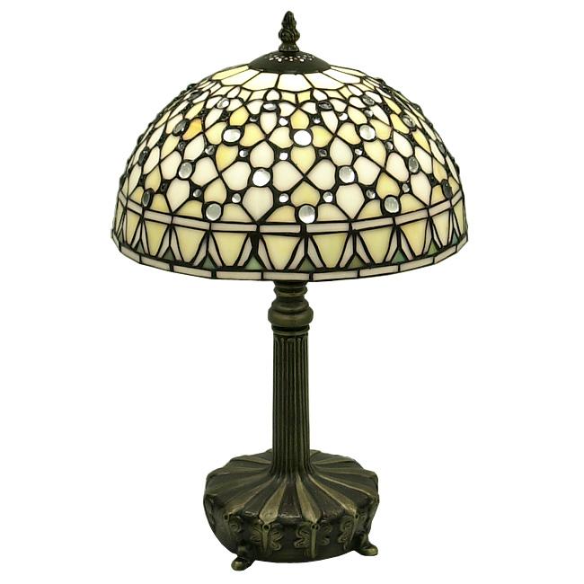 A Tiffany-style White Jewel Lamp featuring a handcrafted stained glass shade with jeweled accents and a bronzetone cast metal base, elegantly illuminating a room.