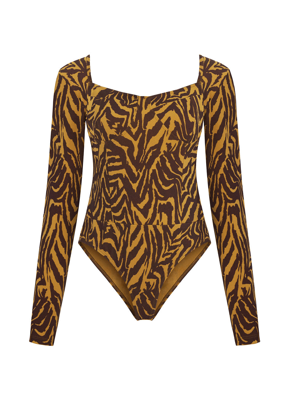 Tiger Print Bodysuit featuring a wide neck, open back, and long sleeves in a warm brown color.