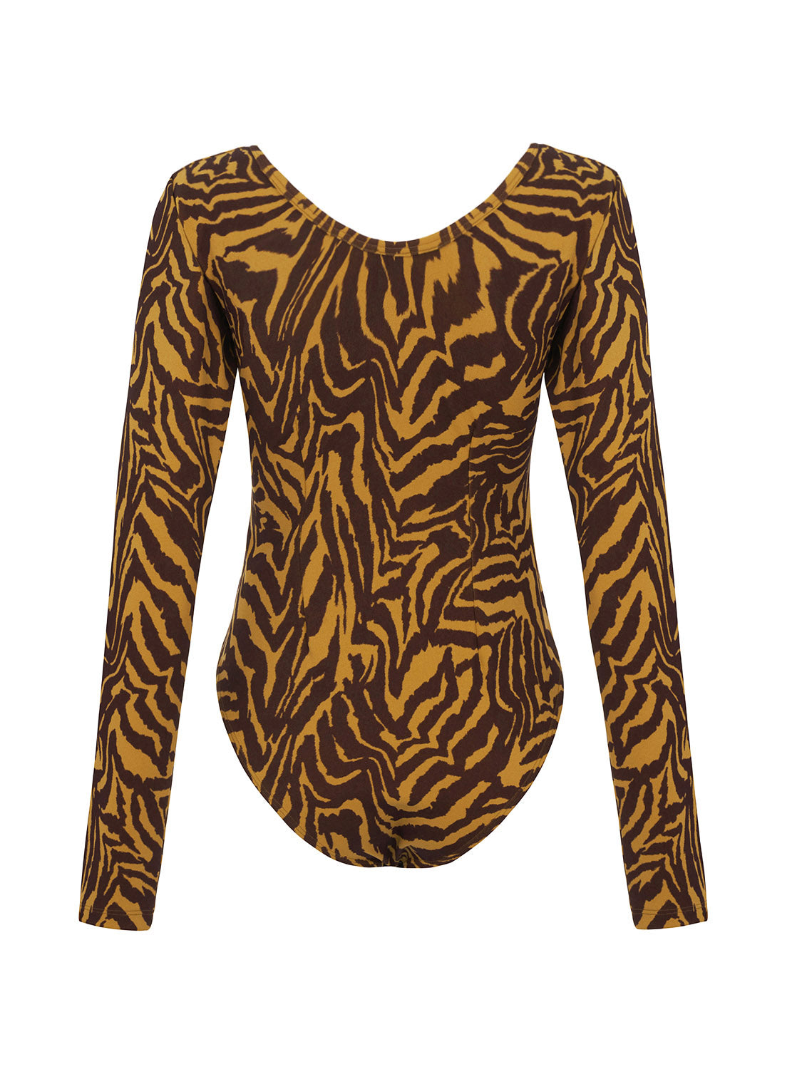 Tiger Print Bodysuit featuring a wide neck, open back, and long sleeves in a warm brown color.