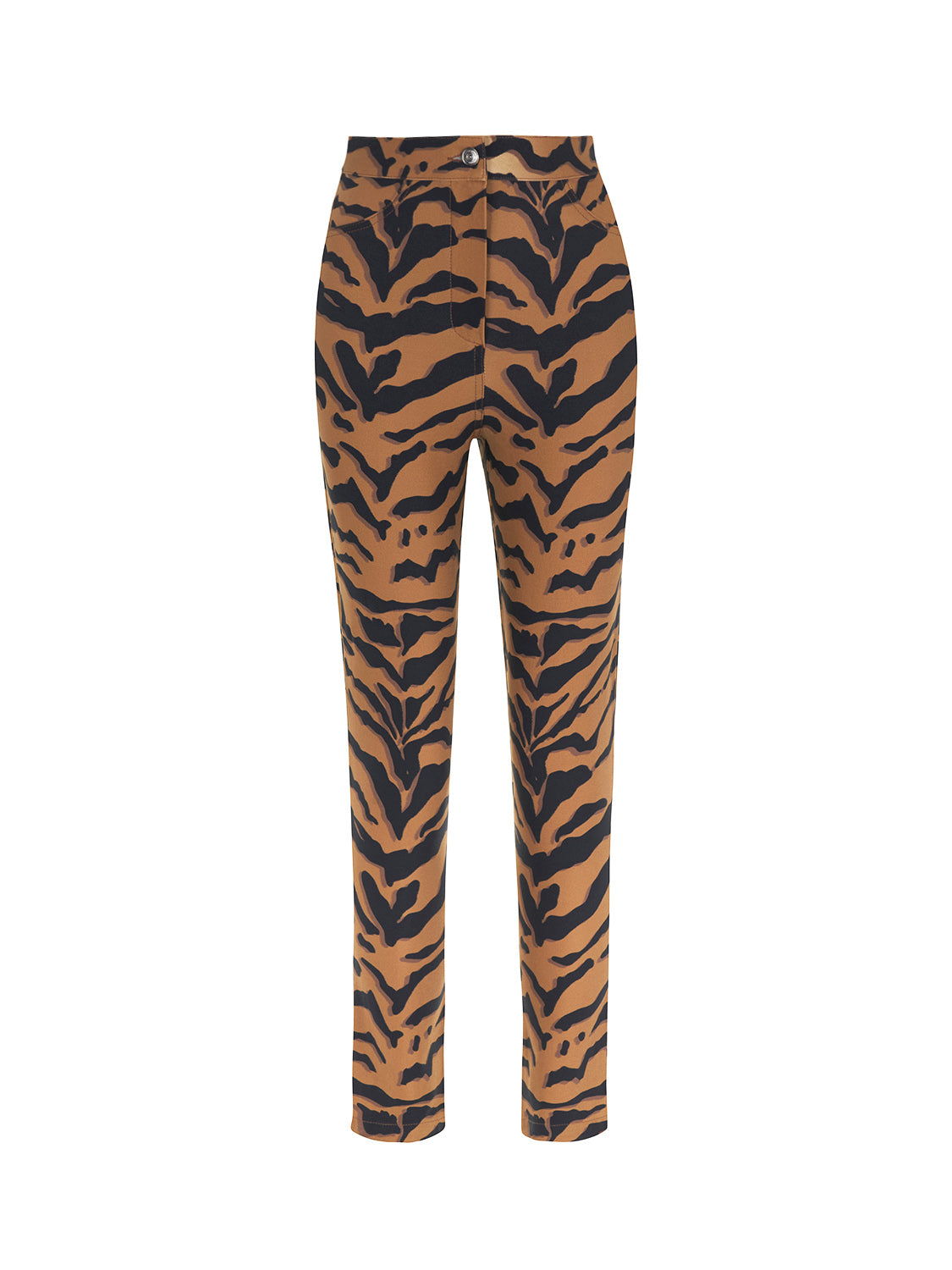 A pair of stylish tiger print high-waisted pants featuring a fitted ankle-length design with hidden zipper detail at the hem.