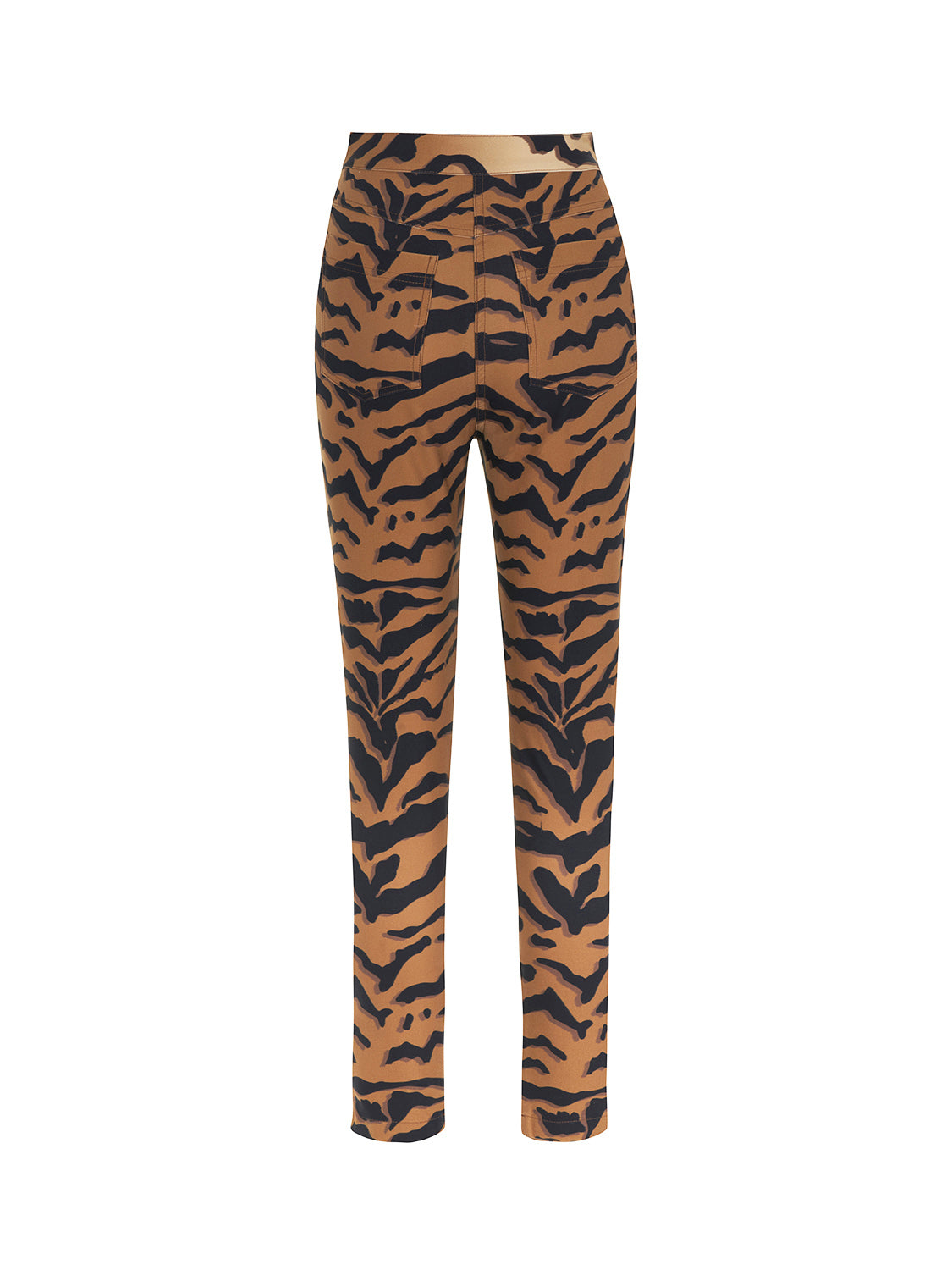 A pair of stylish tiger print high-waisted pants featuring a fitted ankle-length design with hidden zipper detail at the hem.