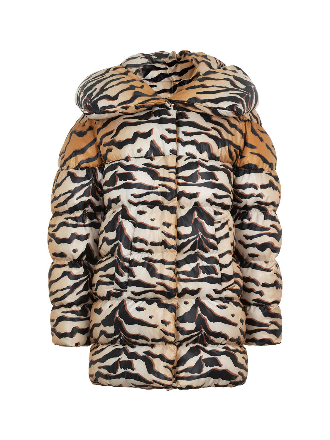 Oversized tiger print puffer jacket with hood and front zipper closure, showcasing stylish side pockets.