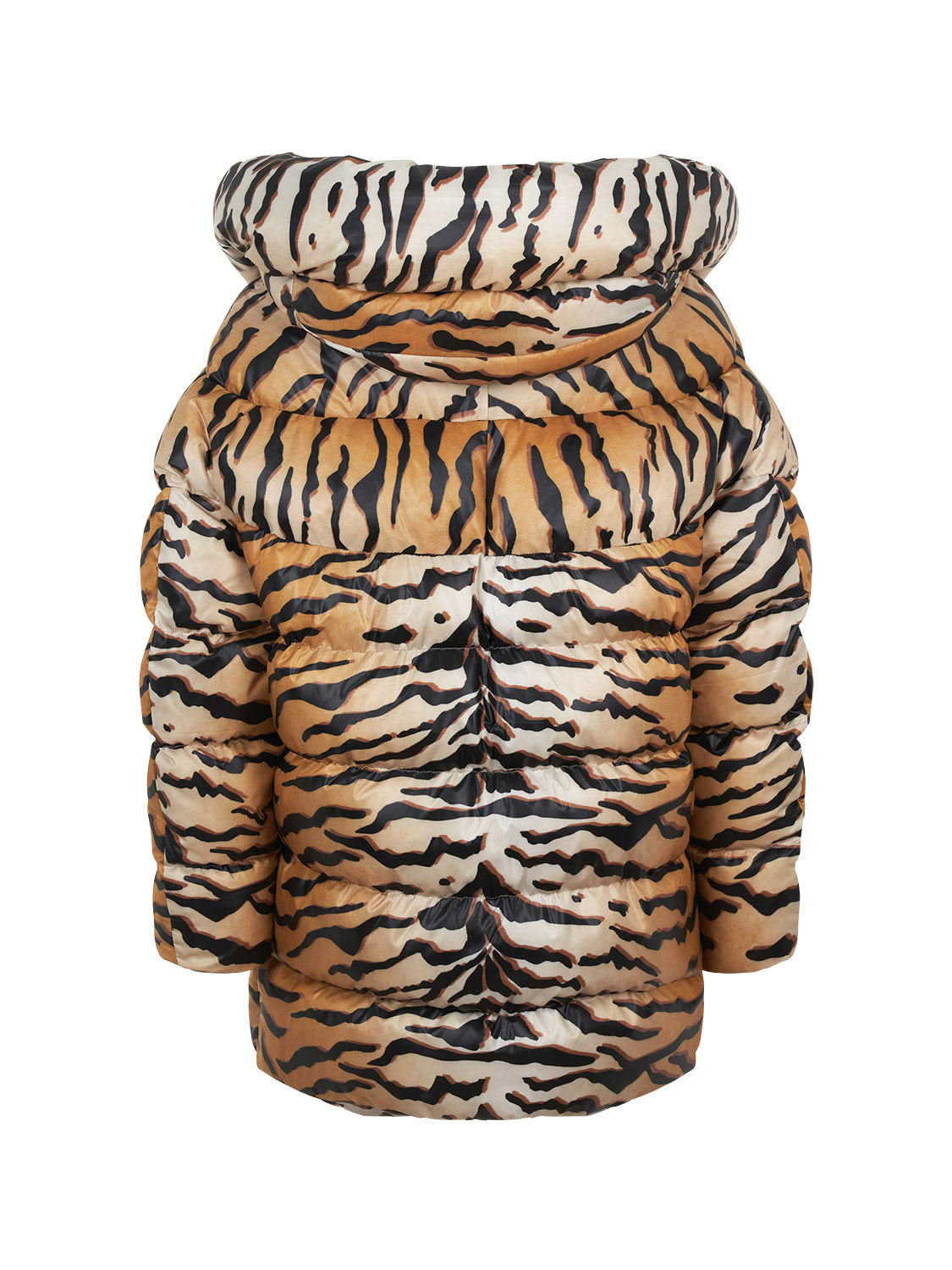 Oversized tiger print puffer jacket with hood and front zipper closure, showcasing stylish side pockets.