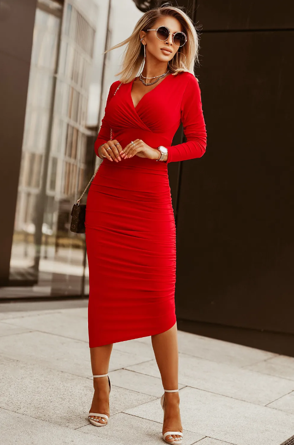 A stylish red tight midi dress featuring a deep neckline and long sleeves, made from high-quality stretch fabric.