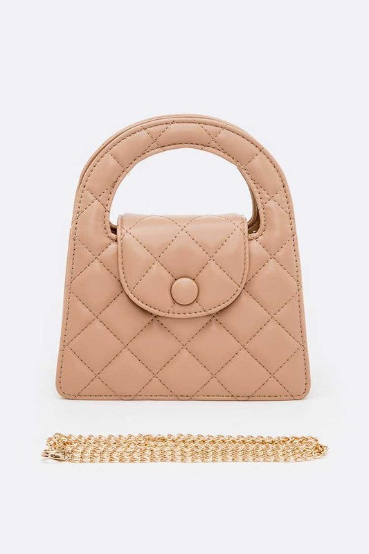 Top Handle Convertible Quilted Clutch Swing Bag in elegant vegan leather with shoulder chain.