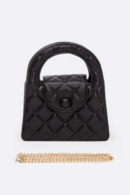 Top Handle Convertible Quilted Clutch Swing Bag in elegant vegan leather with shoulder chain.