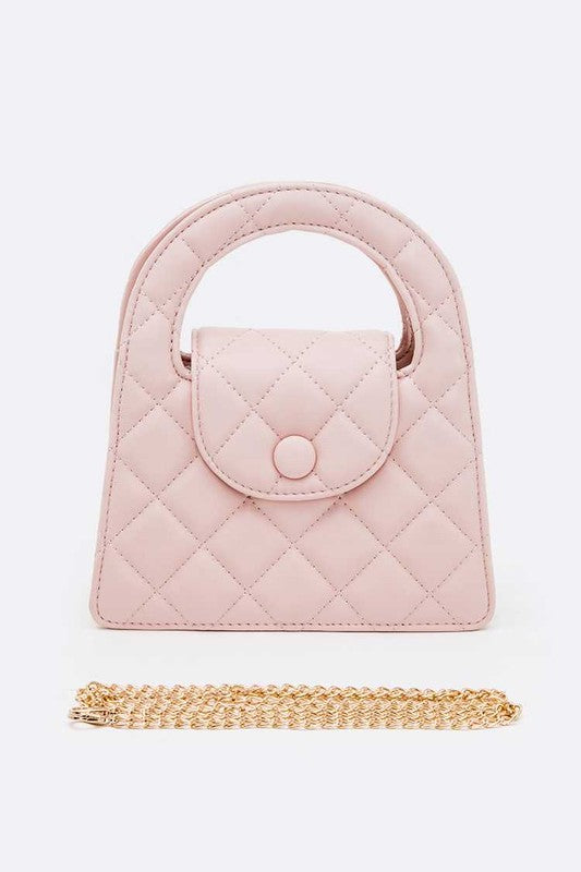 Top Handle Convertible Quilted Clutch Swing Bag in elegant vegan leather with shoulder chain.