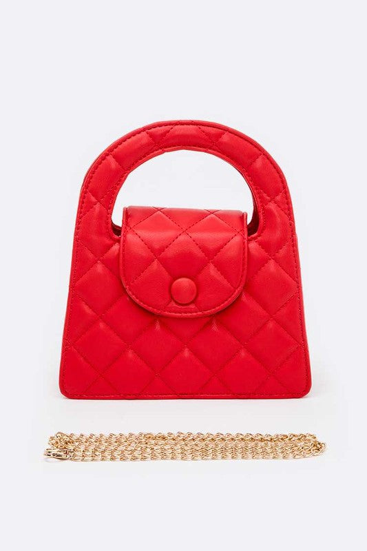 Top Handle Convertible Quilted Clutch Swing Bag in elegant vegan leather with shoulder chain.