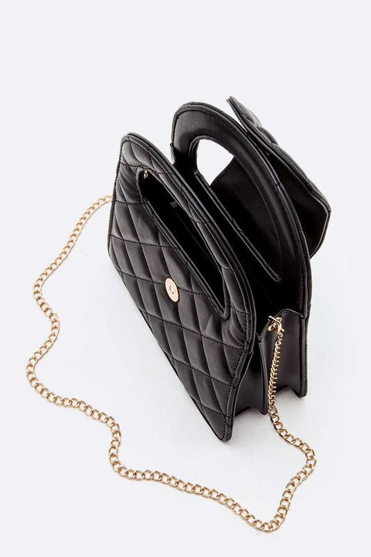 Top Handle Convertible Quilted Clutch Swing Bag in elegant vegan leather with shoulder chain.