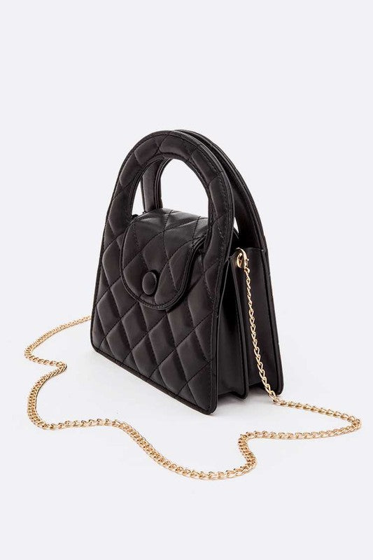 Top Handle Convertible Quilted Clutch Swing Bag in elegant vegan leather with shoulder chain.