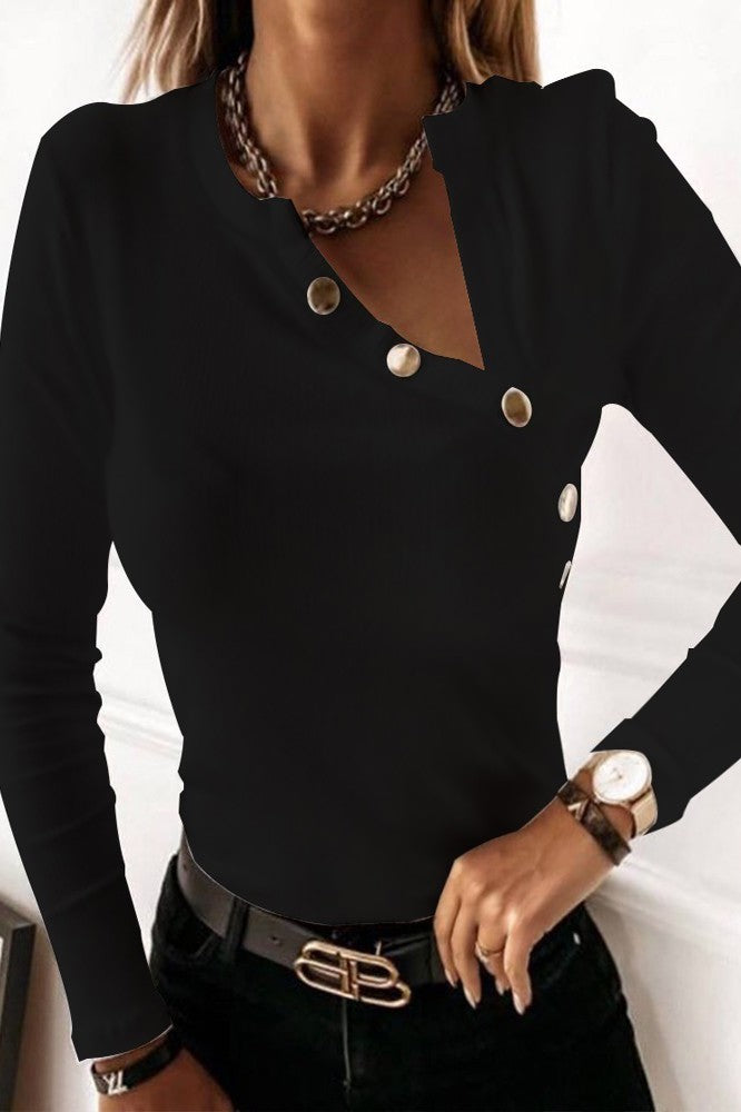 Elegant black Lescana top featuring an asymmetrical neckline with buttons and long sleeves, designed for a slim fit.