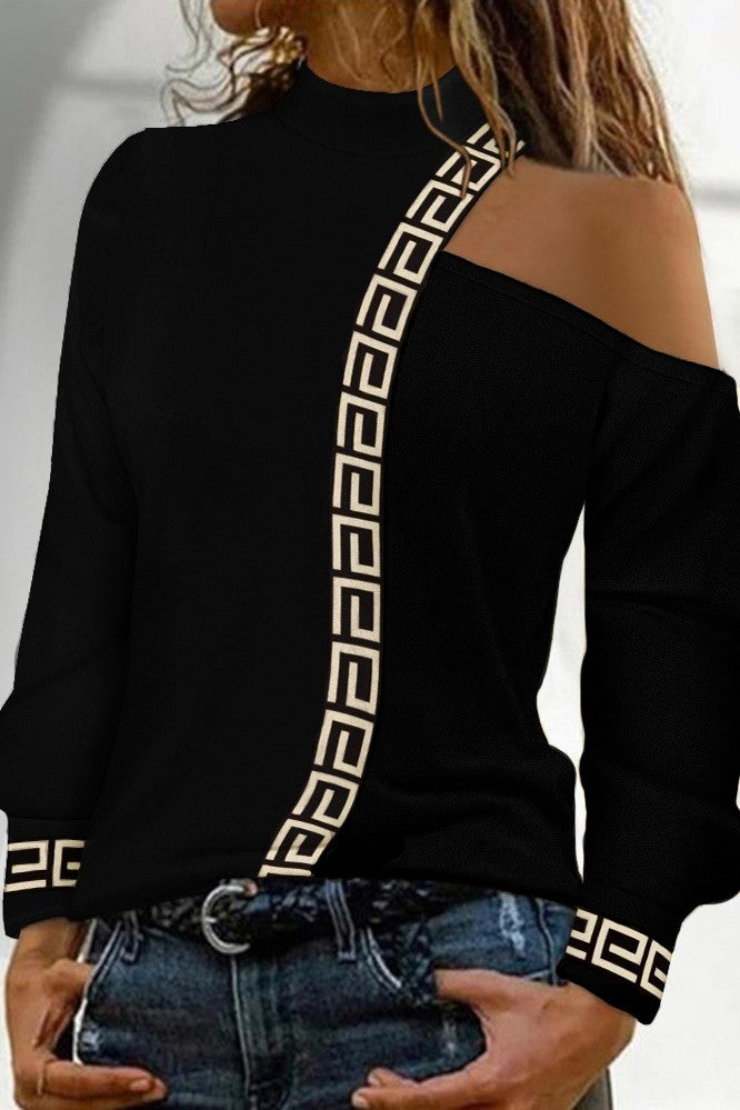 Elegant black top with geometric print, high neck, off-shoulder cutout, and long sleeves, showcasing Italian craftsmanship.