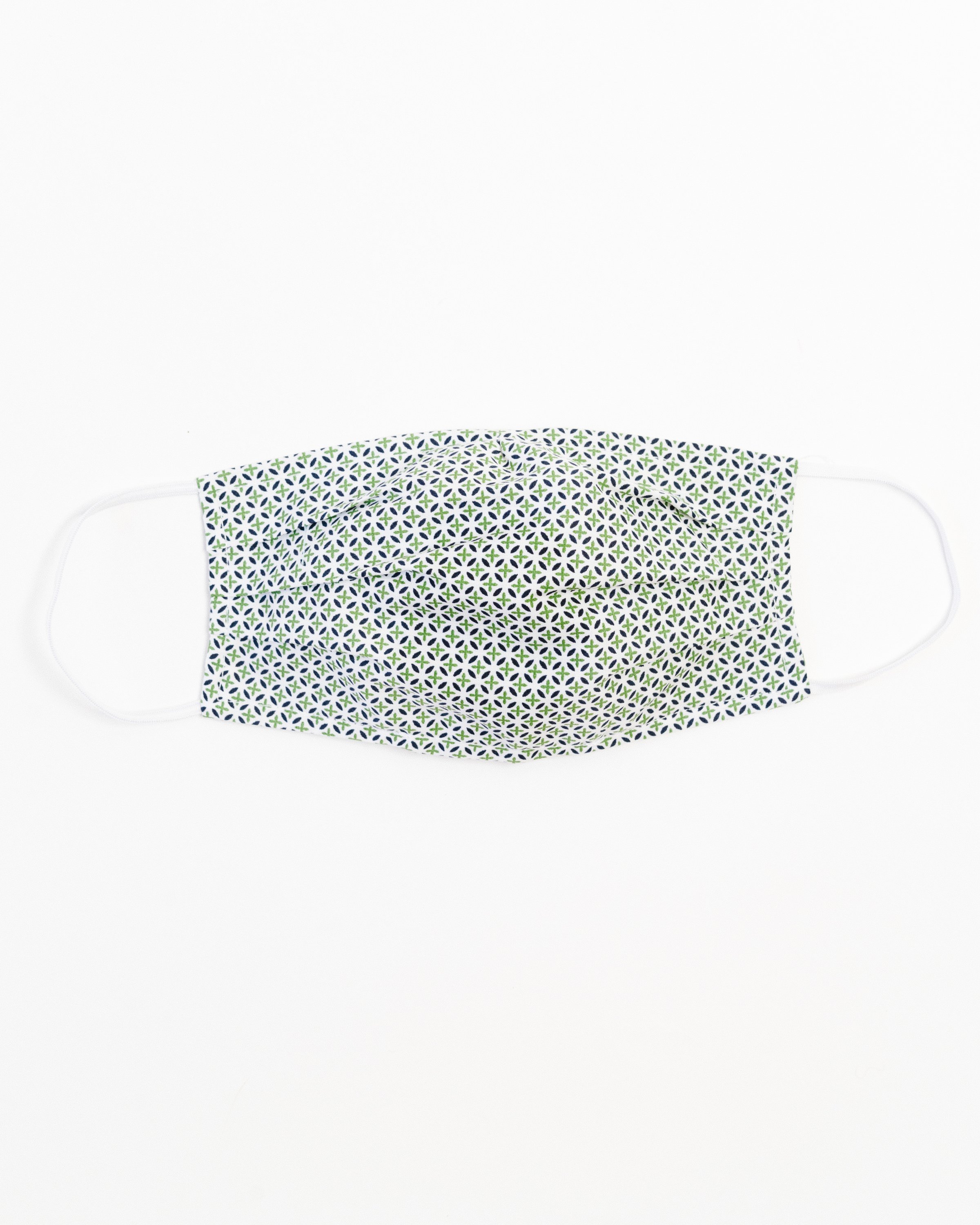 Tory Green Face Mask made of 100% cotton, featuring pleats for comfort and a pocket for filters, suitable for most adults.