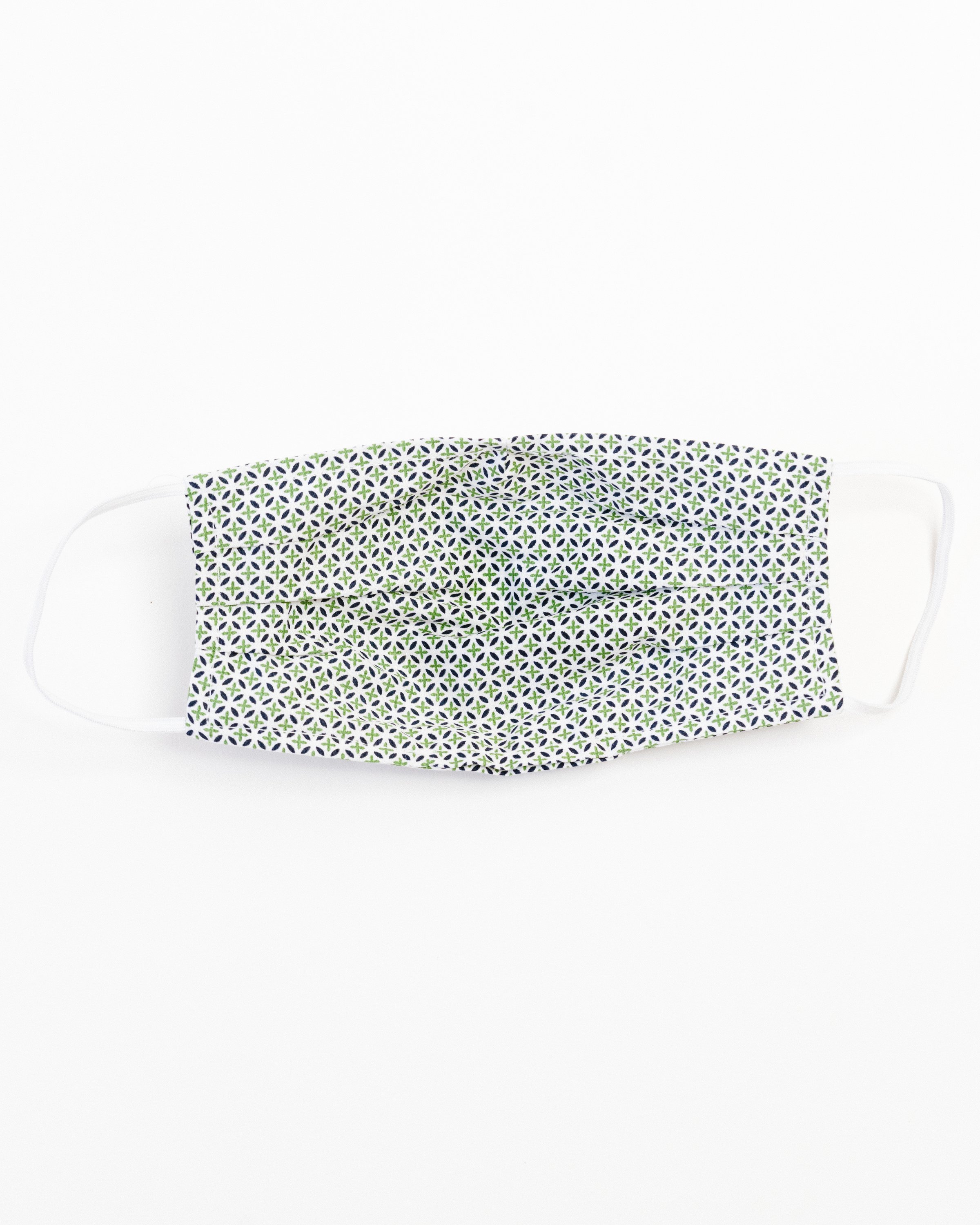 Tory Green Face Mask made of 100% cotton, featuring pleats for comfort and a pocket for filters, suitable for most adults.