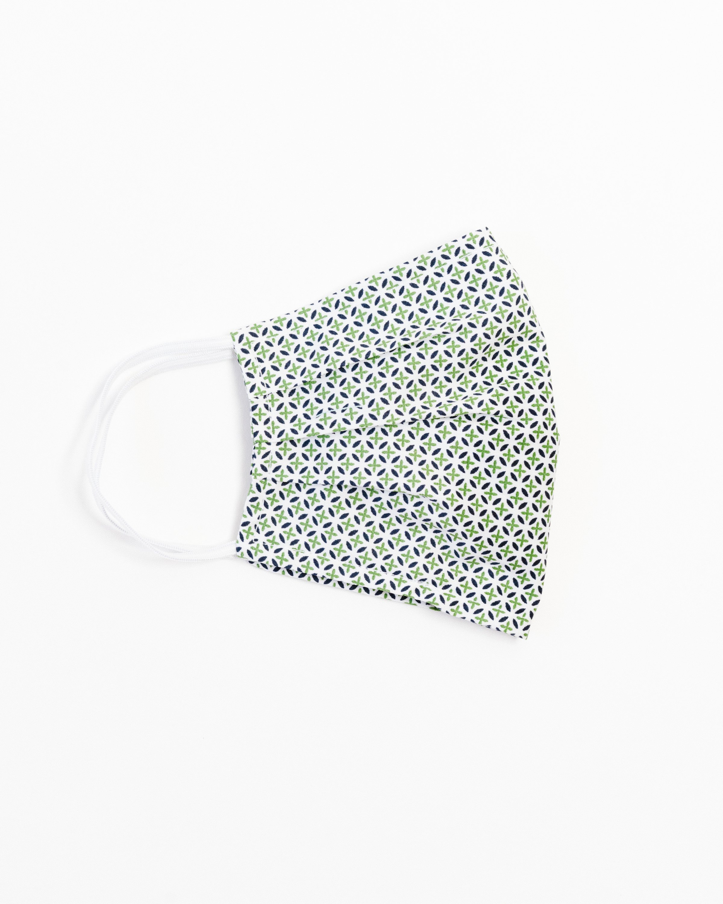 Tory Green Face Mask made of 100% cotton, featuring pleats for comfort and a pocket for filters, suitable for most adults.