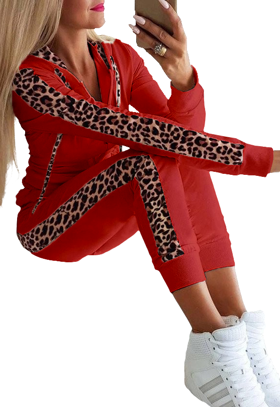 Red tracksuit set featuring a tiger print design, including a hooded top and long pants with elastic waist and ankle.