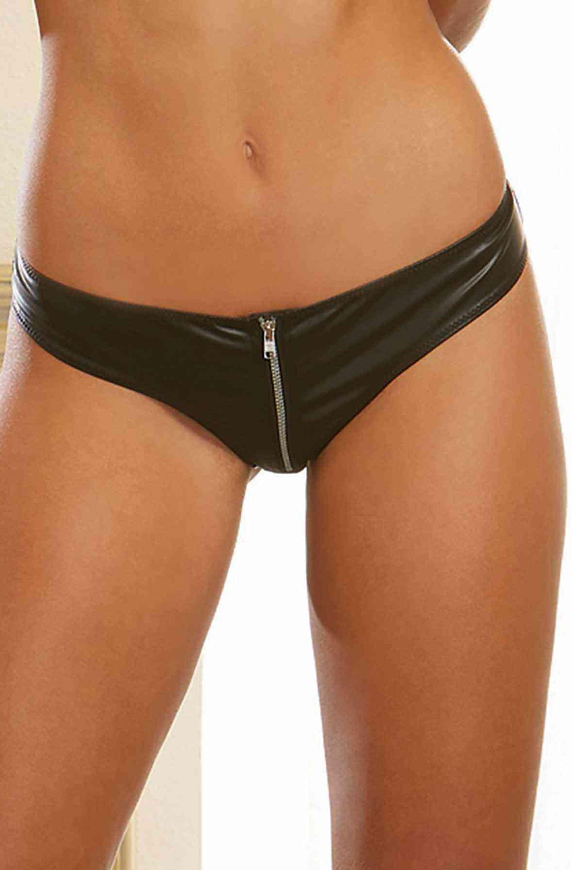 A stylish Transparent Back Zipper Front Panty showcasing a transparent back and a functional front zipper, made from soft polyester and elastane blend.