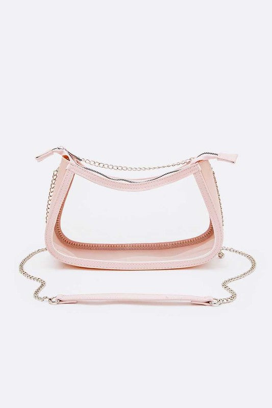 A stylish transparent stadium shoulder bag with zipper closure, made from durable PVC and metal mix, perfect for events.