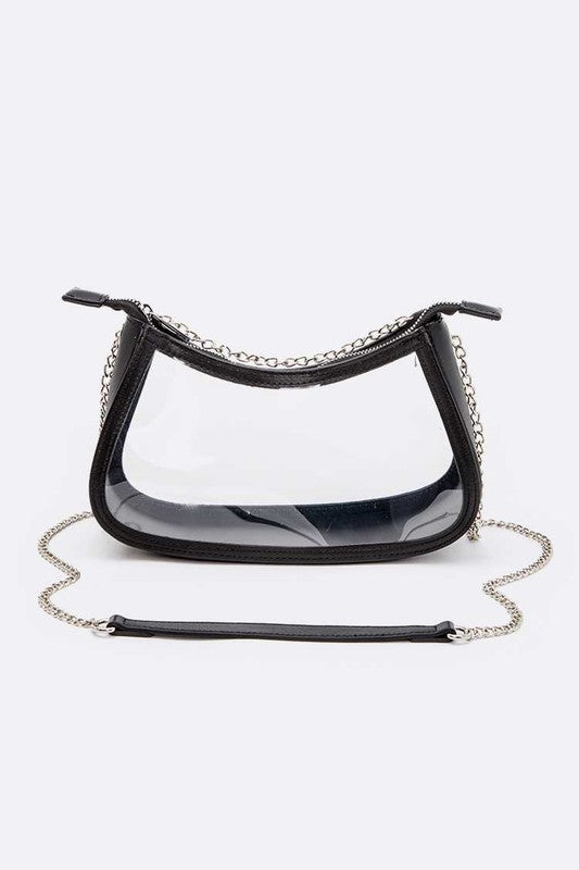 A stylish transparent stadium shoulder bag with zipper closure, made from durable PVC and metal mix, perfect for events.