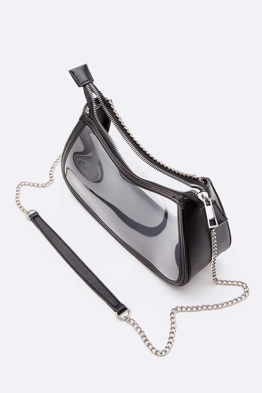 A stylish transparent stadium shoulder bag with zipper closure, made from durable PVC and metal mix, perfect for events.