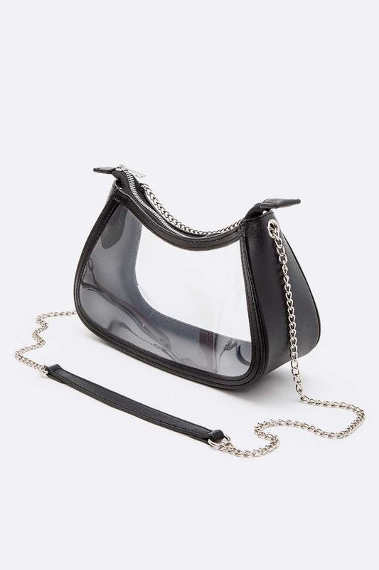 A stylish transparent stadium shoulder bag with zipper closure, made from durable PVC and metal mix, perfect for events.