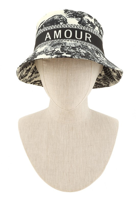 Tree And AMOUR Embroidery Bucket Hat featuring unique embroidery design and adjustable fit.